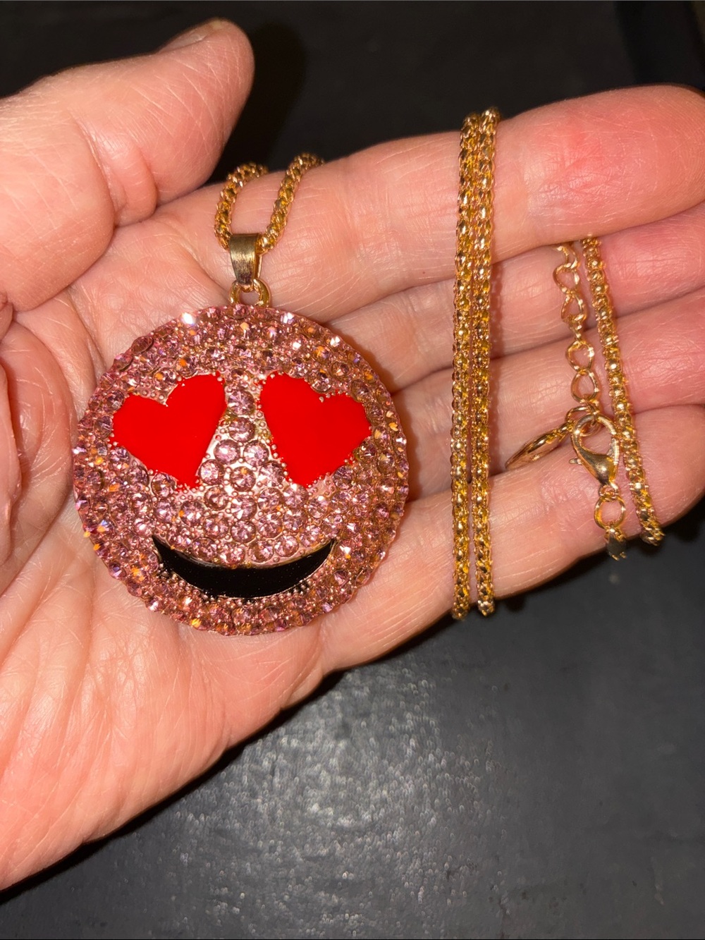 Gold-Tone Pink Crystal Heart Eyes Emoji Pendant Necklace